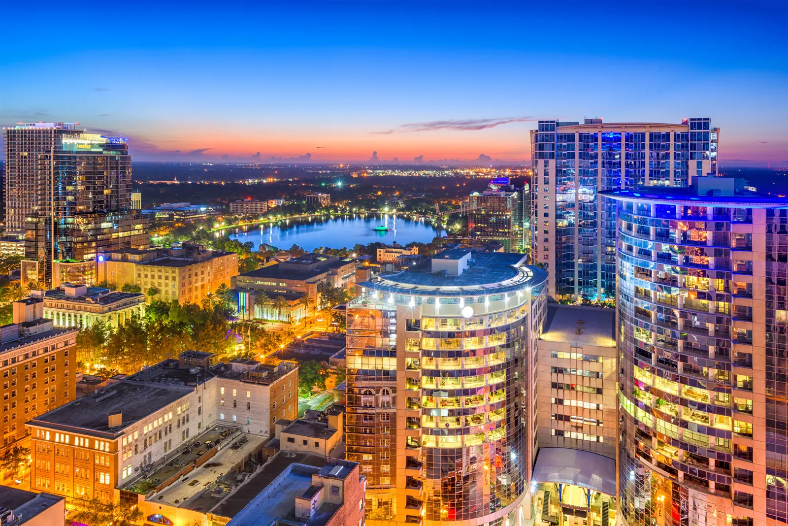 Orlando Florida aerial cityscape towards Eola Lake