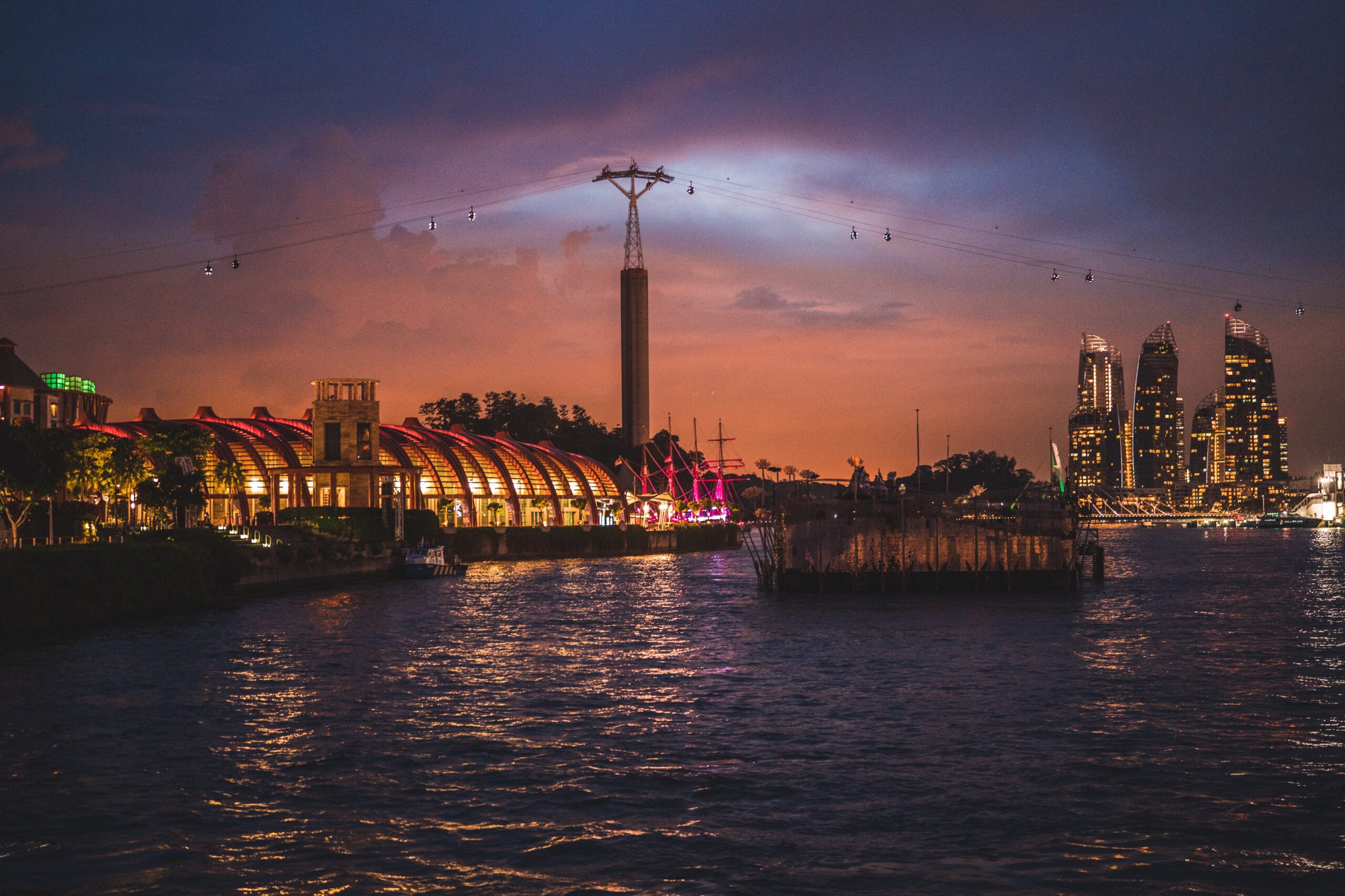 View on Singapore Sentosa Island and Cable Car at night